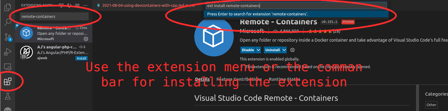 Installing the `remote container` extension in visual studio code